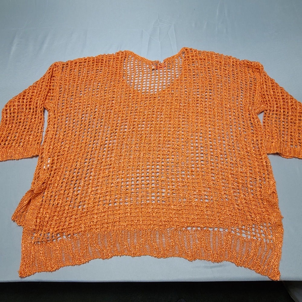 Paradise USA Crochet Knit Top Women Medium Orange Open Weave V-Neck Acrylic Boho